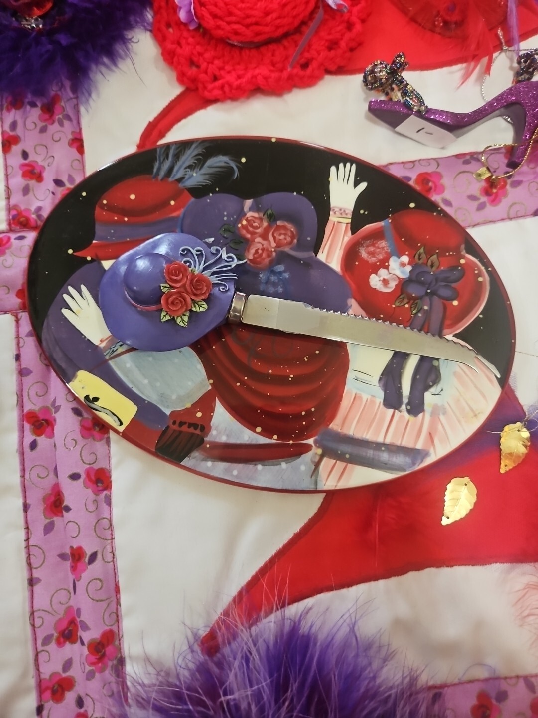 Huge Lot Red Hat Society Jewellry Pins Ornaments Feather Boas Handbags Doll