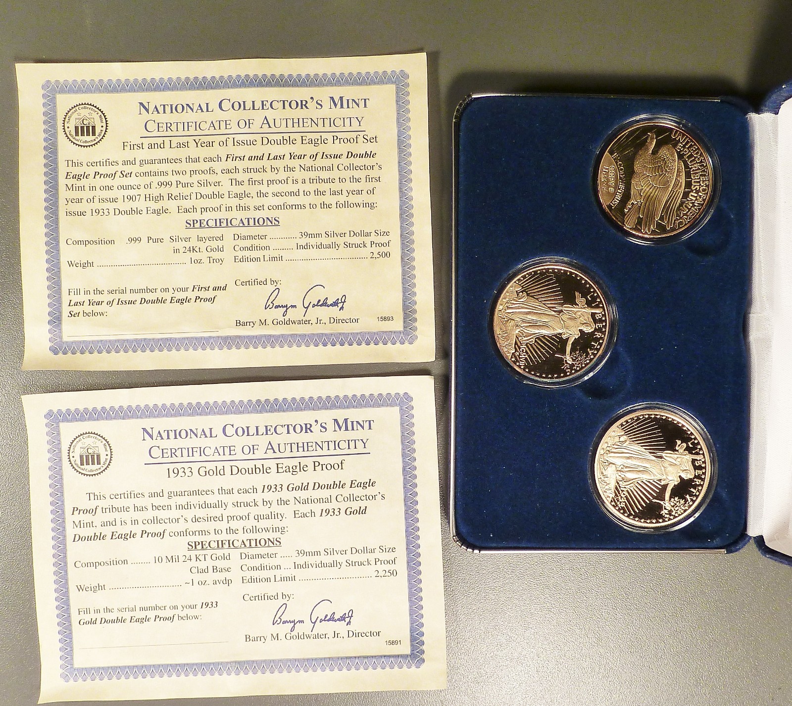 $20 Double Eagle Proof Set, 3 pc’s with 2 oz’s .999 Silver, 24K Gold Overlay.