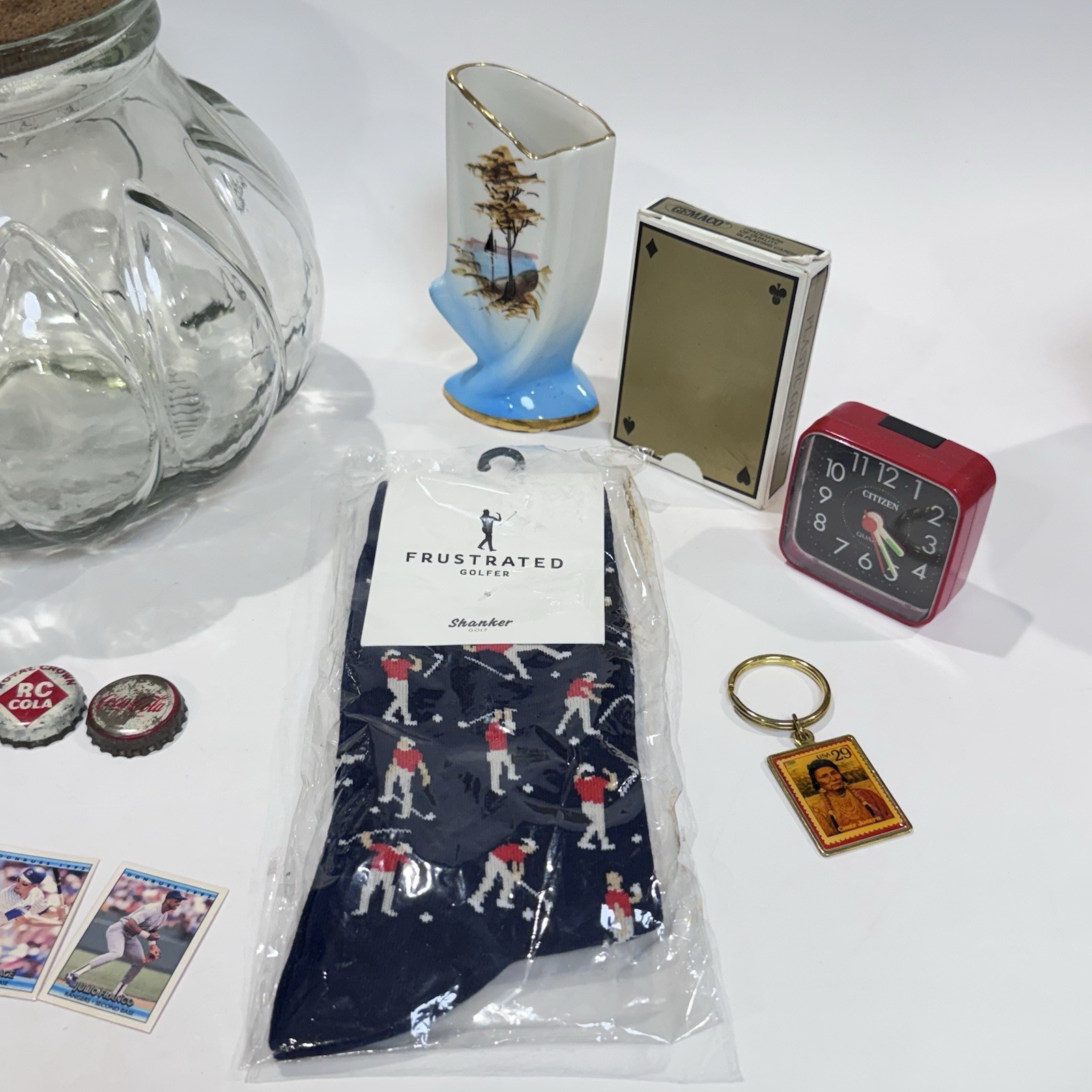 Vintage Curated Lot in Glass Jar w Cork Lid Cards Cracker Jack Bottle Caps Socks