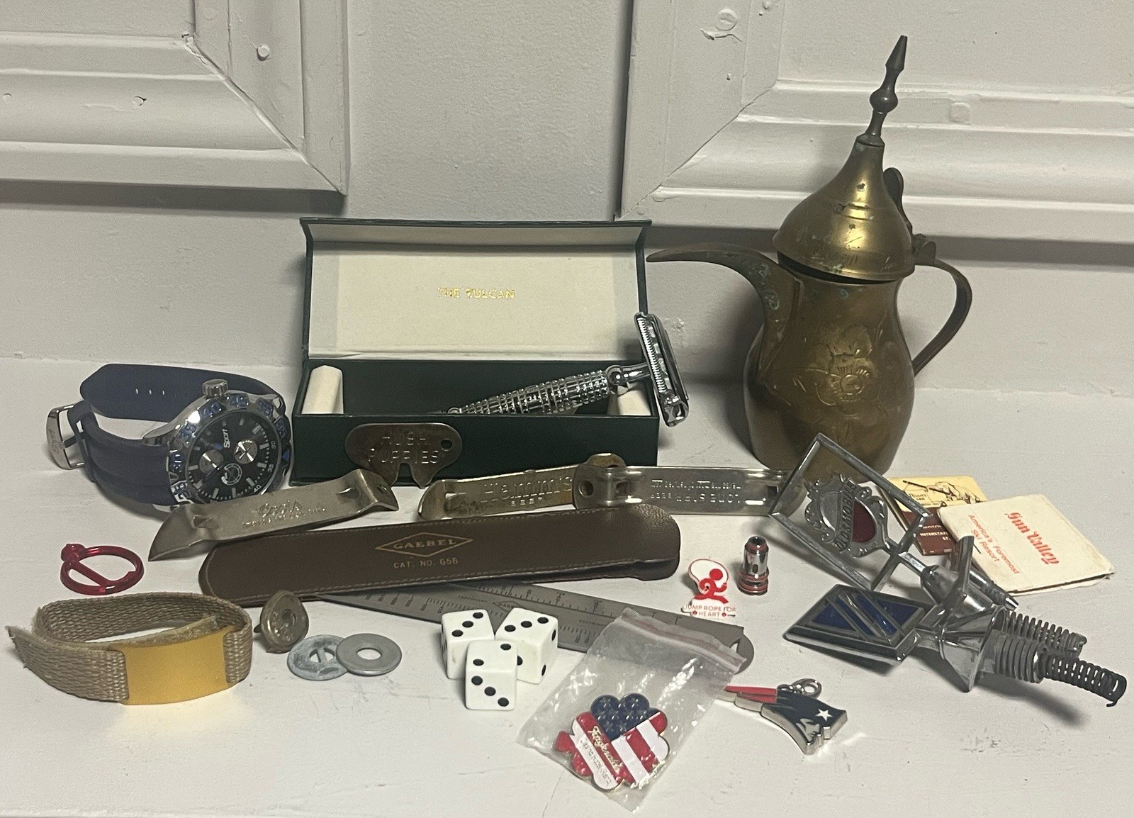 Junk Lot Random Items- 2 Car Hood Ornaments Buick , Razor, Sports Watch, Dice