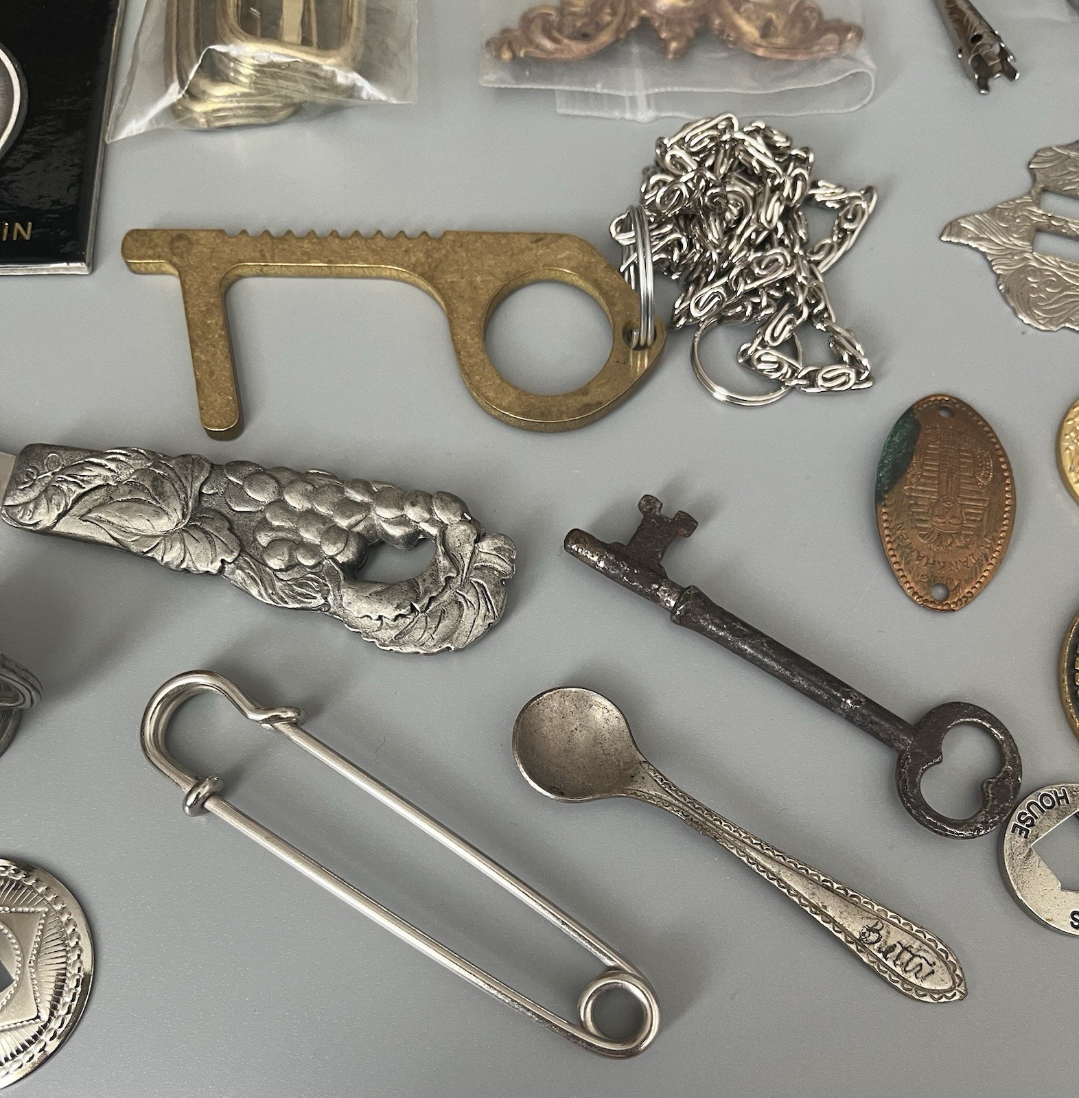 VTG Junk Drawer All Metal Misc Items Coins-Keys-Lock-And More