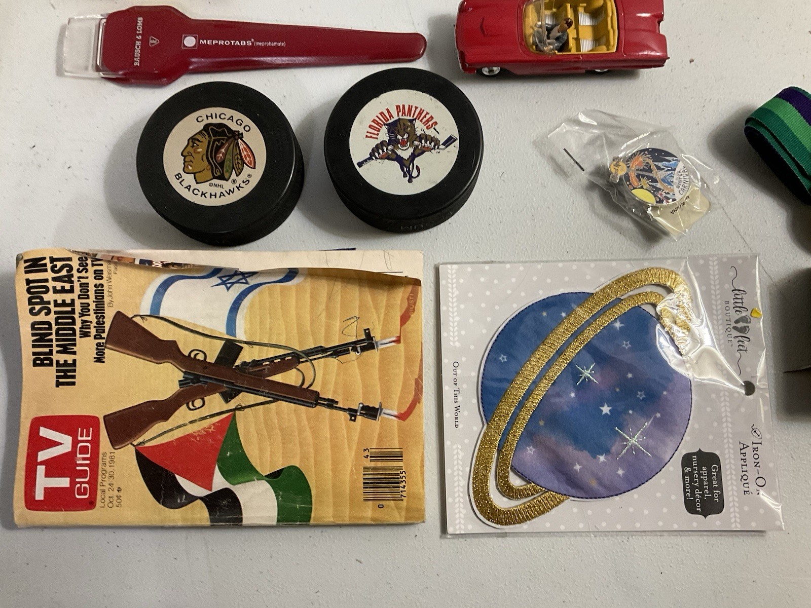 Vintage large junk drawer Lot NHL hockey pucks action figures Corgi Car Misc.