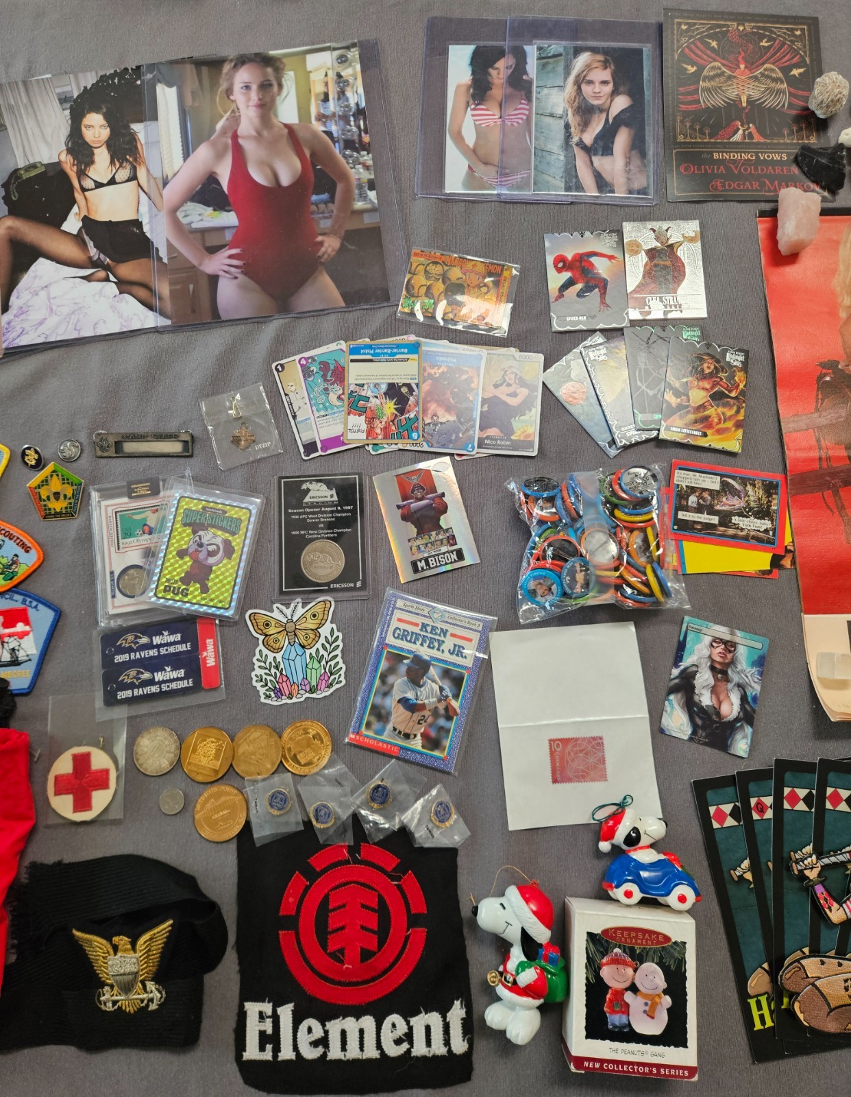 Grandpas Old Junk Drawer Lot of Coins Patches Pin Ups Cards Collectibles Etc