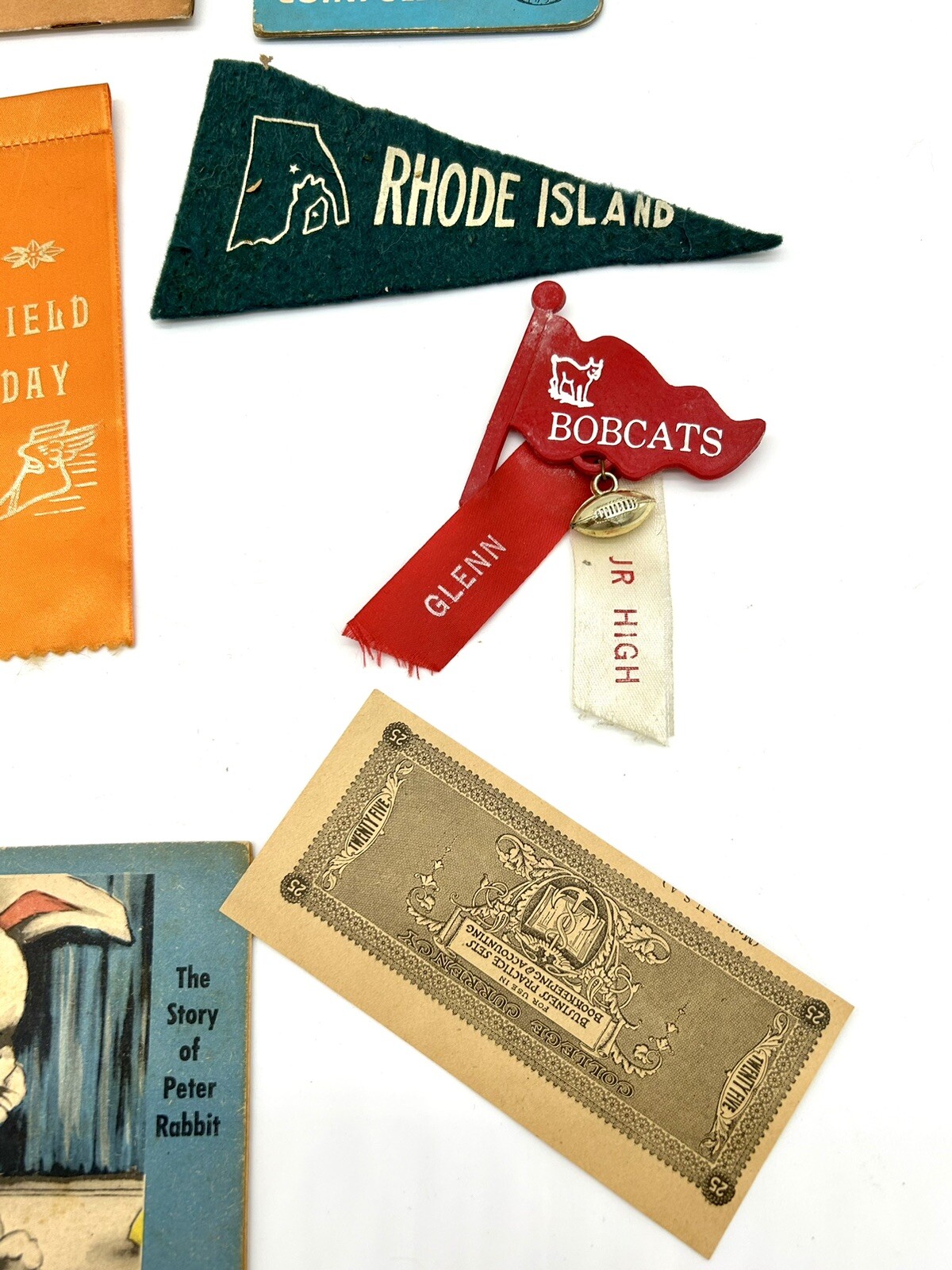 Junk Drawer Of Vintage Items Cards Ribbons Pennant Ring Hat Pin Charm
