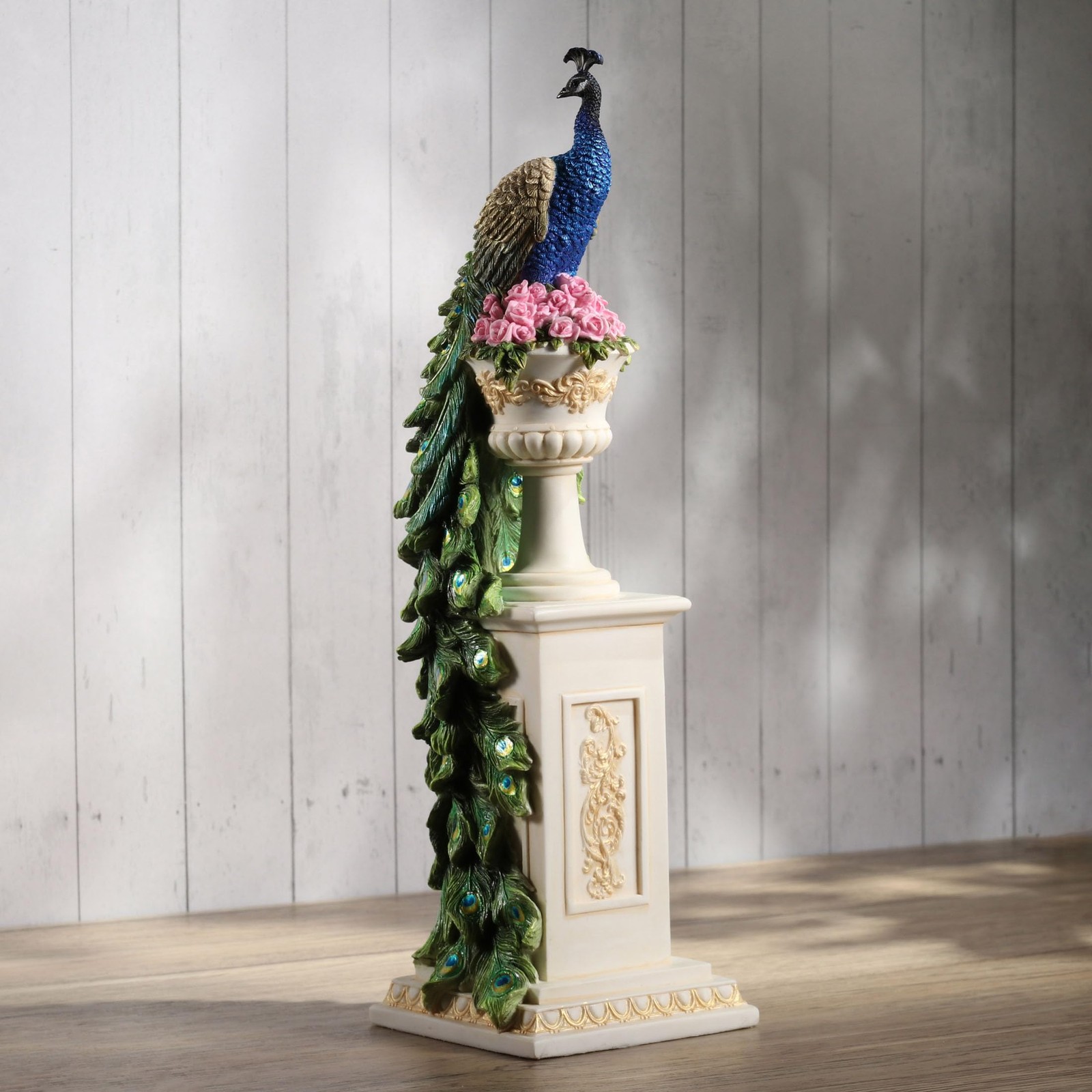 Veronese 13.625″ Peacock on Roman Column Resin Sculpture, Home Decor Collectible