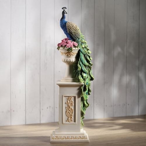 Veronese 13.625″ Peacock on Roman Column Resin Sculpture, Home Decor Collectible