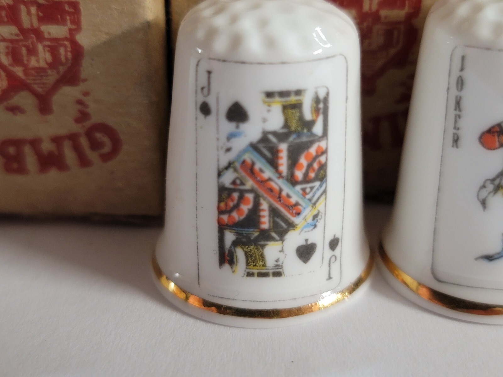 NEW SET OF 4 KING QUEEN JACK JOKER SPADES GIMBELS THIMBLES FINE BONE CHINA UK
