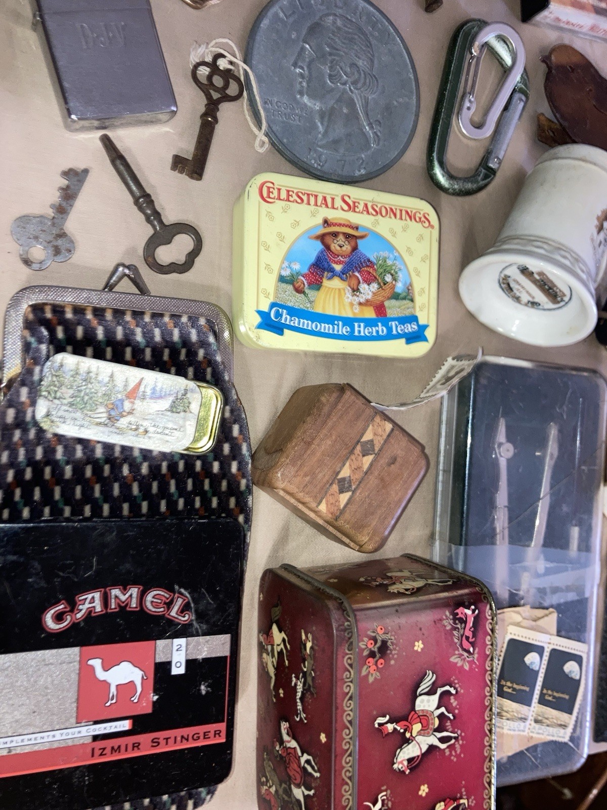 Mixed Vintage Collectibles Lot Coins Jewelry Lighters Knives Bottles Tins Brass