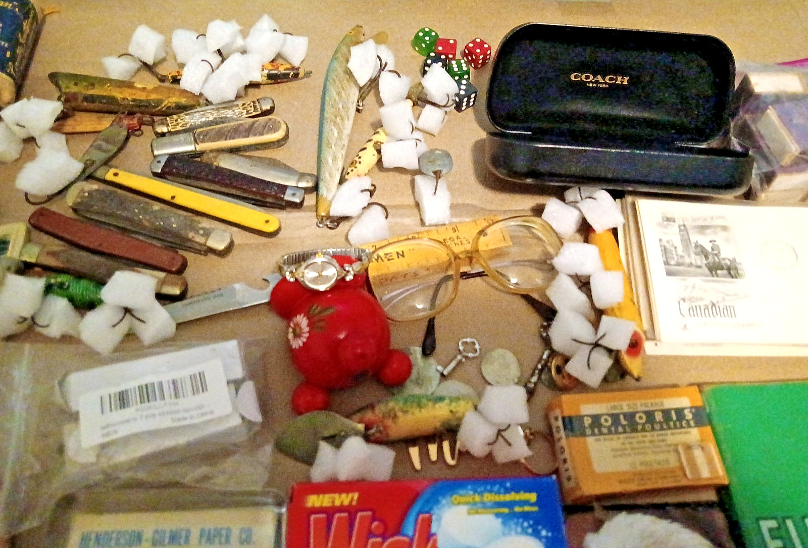 Junk Drawer Lot Vintage & Modern Lures Knives Tobacciana Ephemera Eyeglasses etc