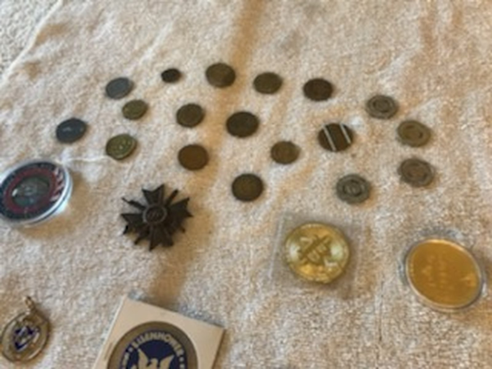 Vintage Antique Junk Drawer Lot Mixed Medals Coins Tokens Military Fraternal