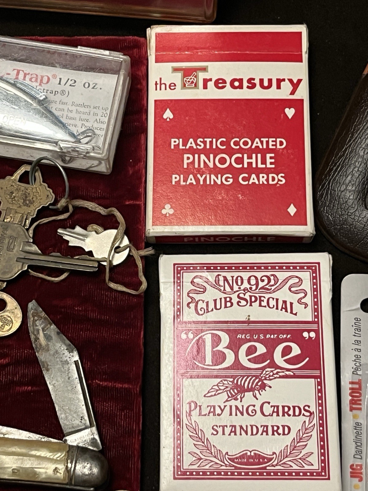 VTG JUNK DRAWER Mens Lot Metal Collectibles LURES Cards GRANDPA 30+ items USA