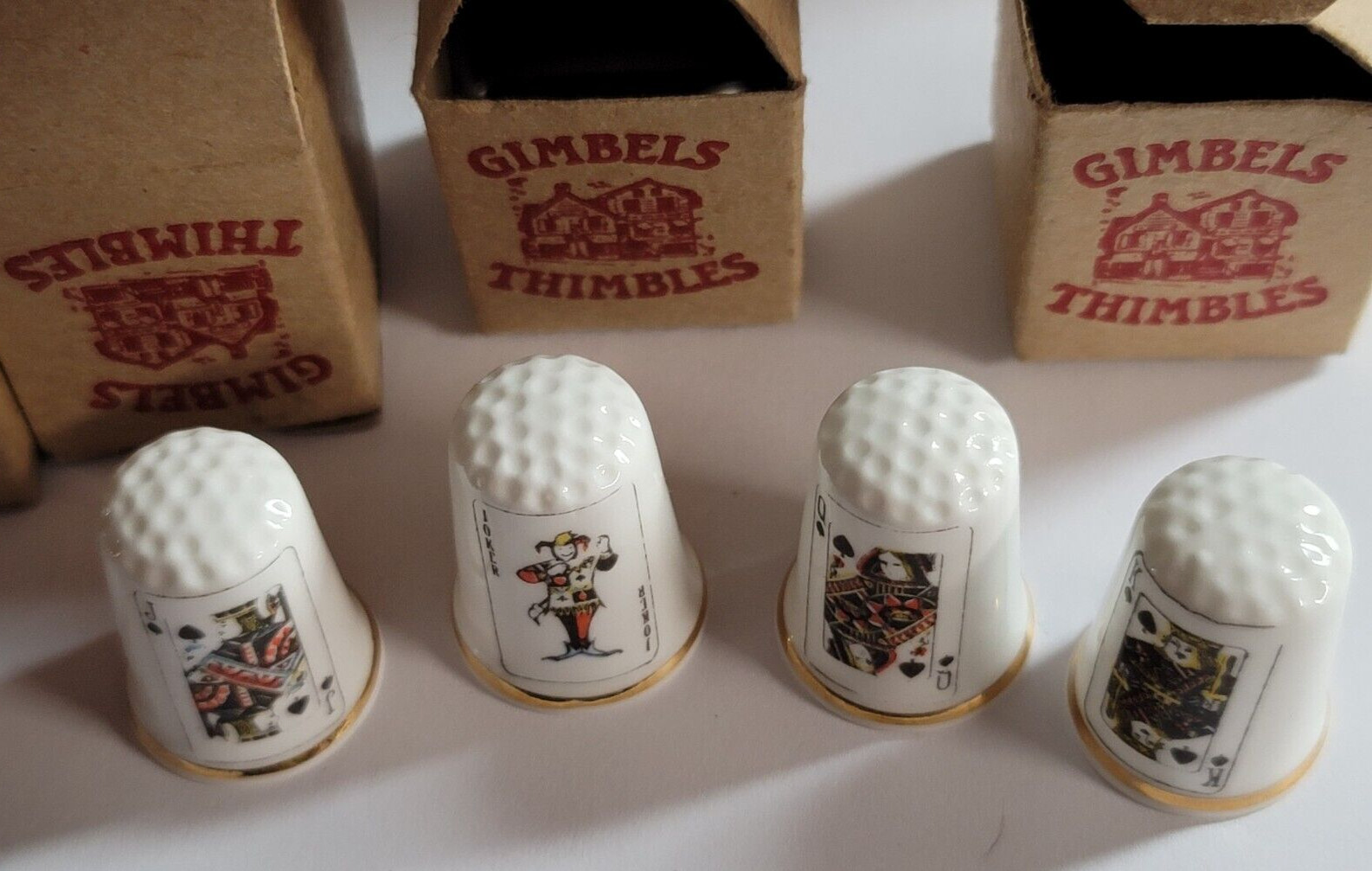 NEW SET OF 4 KING QUEEN JACK JOKER SPADES GIMBELS THIMBLES FINE BONE CHINA UK