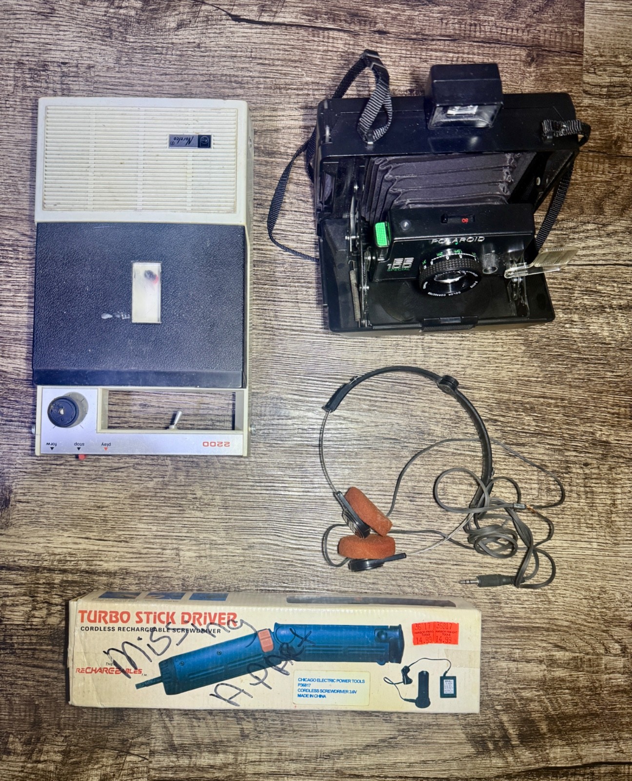 Vintage 90s Dad Junk Drawer Lot Polaroid EE100 Camera Cassette Player Tool