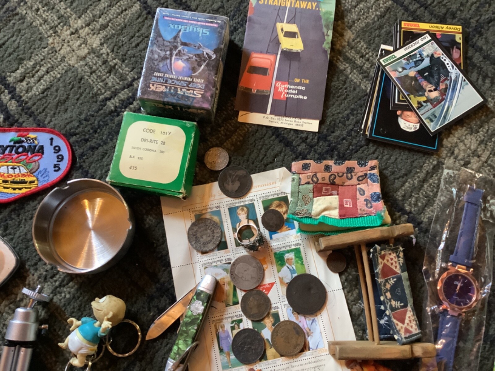 Junk drawer lot Silver coin tokens thimble knife tokens antique sports toy