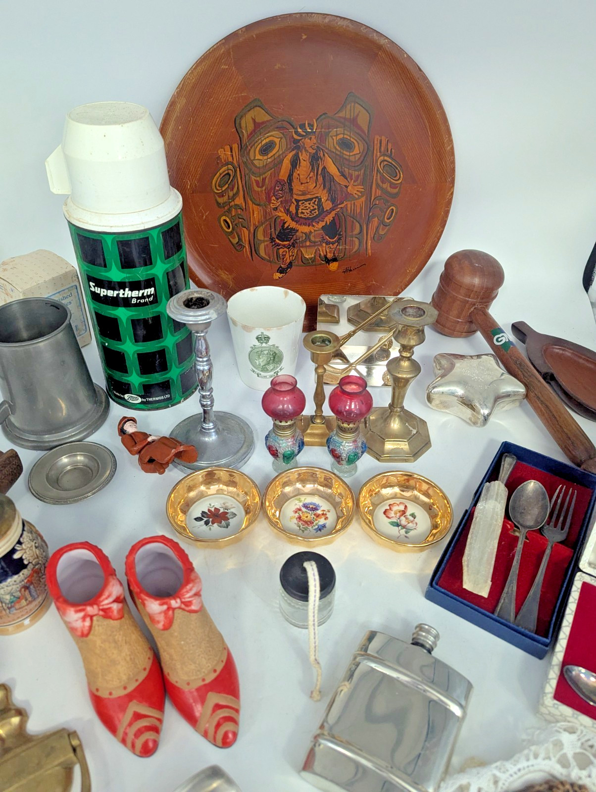 Vintage Curios Job Lot Silver Plate Brass Boots Flask Tableware Bundle H5 Y501