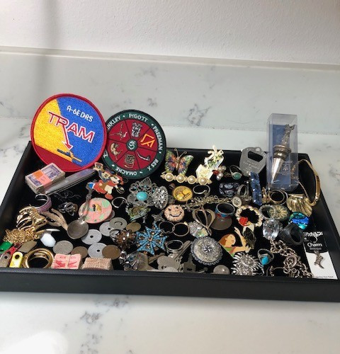 Junk Drawer Lot estate coins pins silverplated stopper keys pendant brooch rings