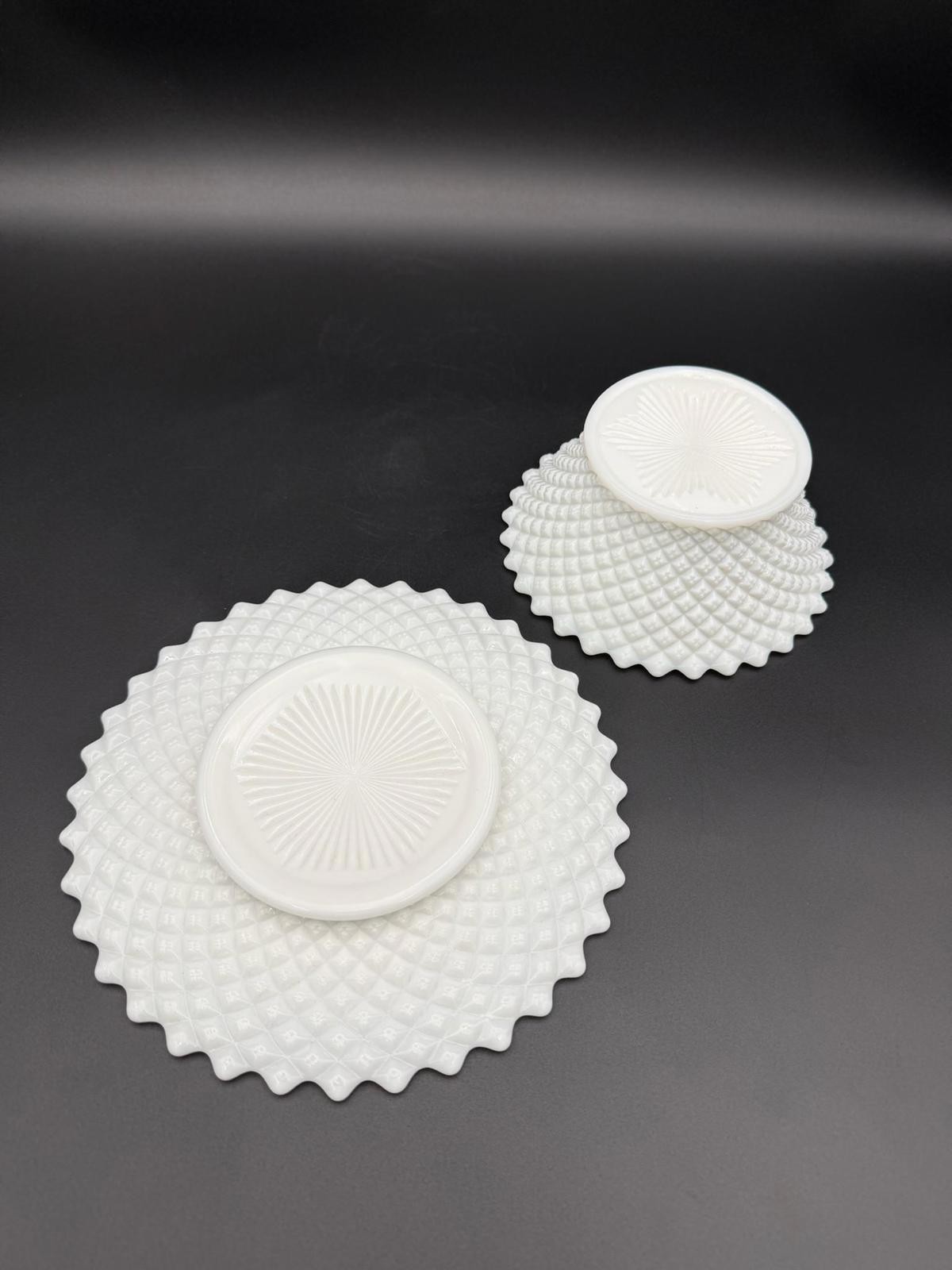 Vintage Westmoreland English Hobnail Milk Glass Bowl and Plate Set Scalloped Rim