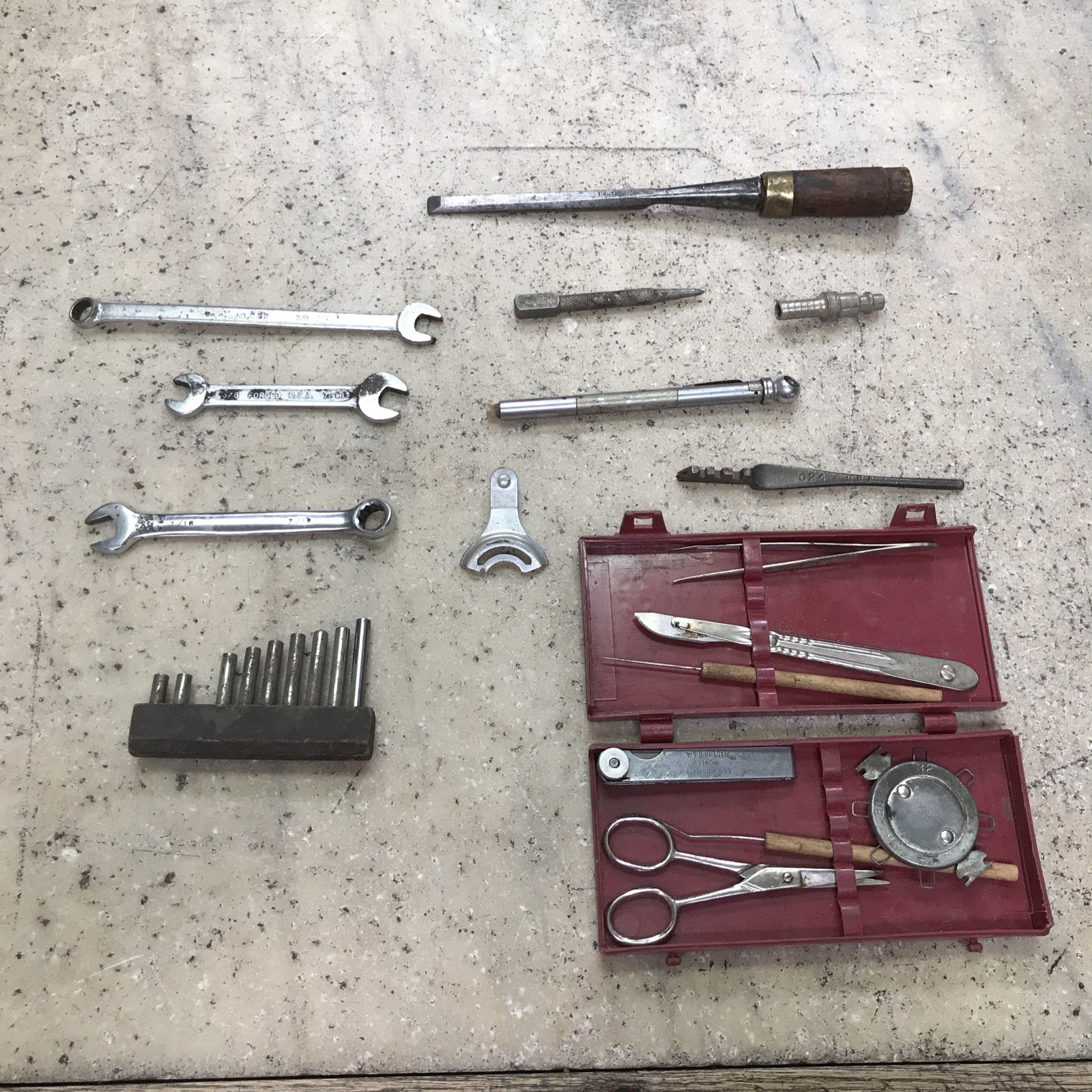 Vintage Junk Drawer Tool Lot – Tools Punch Chisel Wrenches Plastic Case – Metal