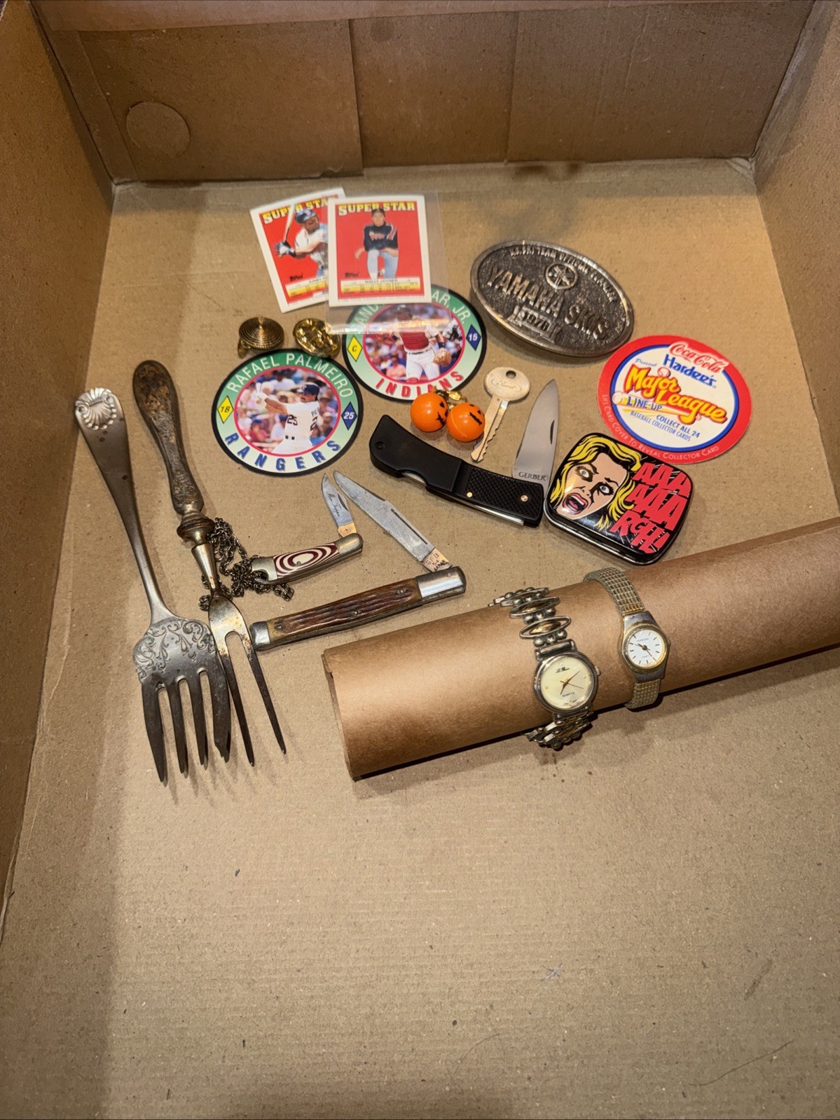 Junk Drawer Lot Watches Knives Baseball Silver Plate Flatware Vintage Antique