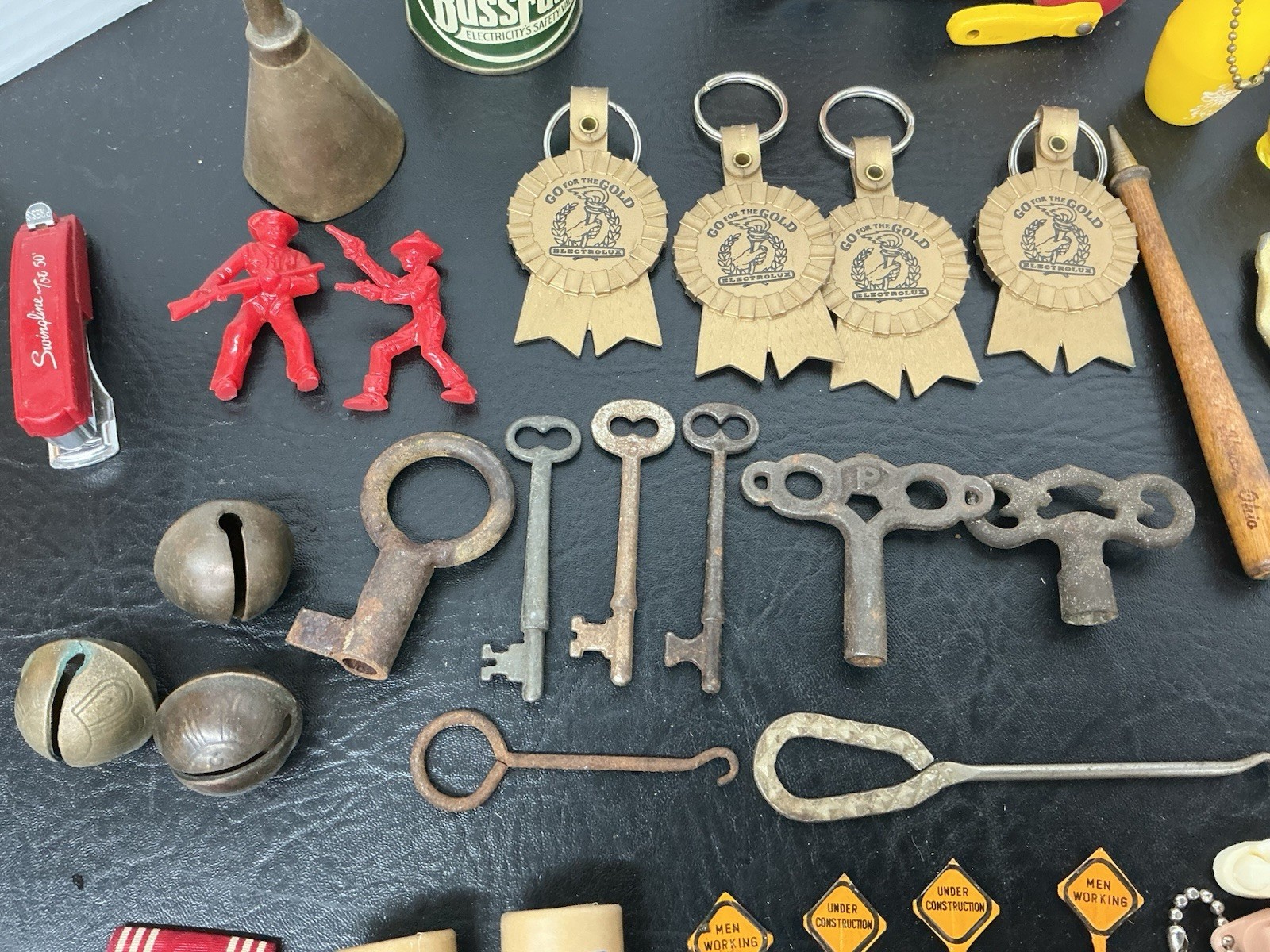 Vtg Junk Drawer Lot Skeleton Clock Key Bell Zippo Toys Tape Measure Opener Pins