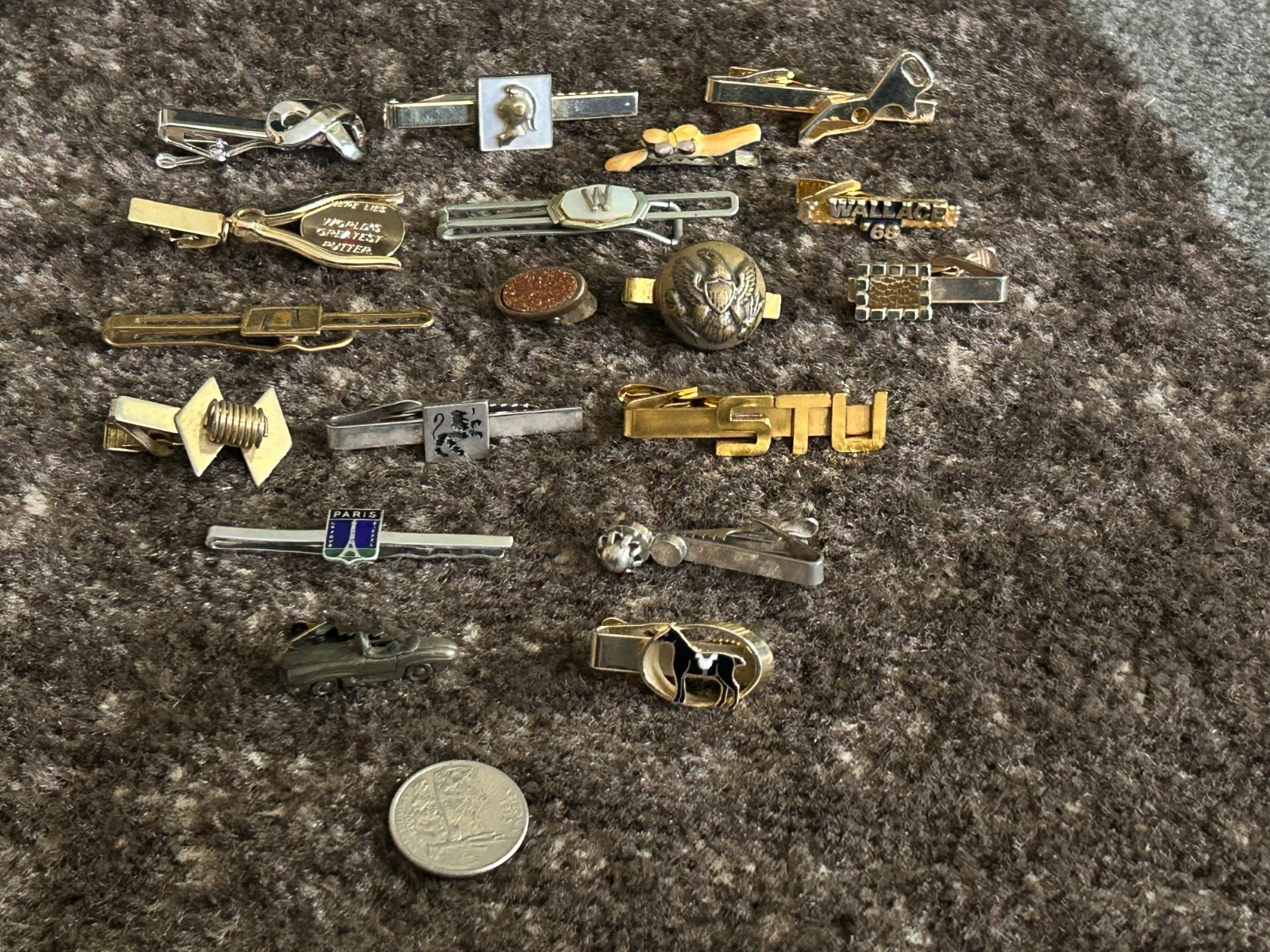 Tie Bar Clip Clasp Gramps Vintage Junk Drawer Lot Paris Golf Politics Eagle Hors