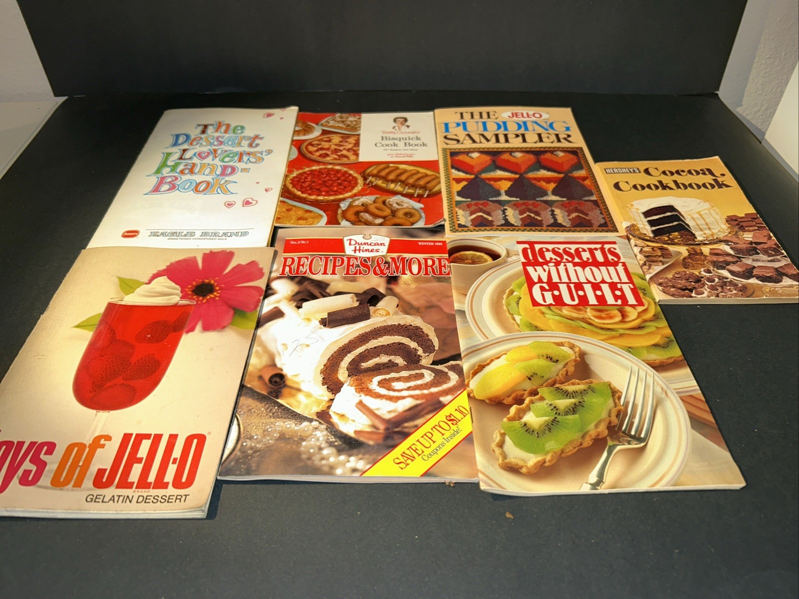 Lot of 7 Vintage Dessert Brochures and Recipes-Jello, Hershey’s, DHines, Eagle +
