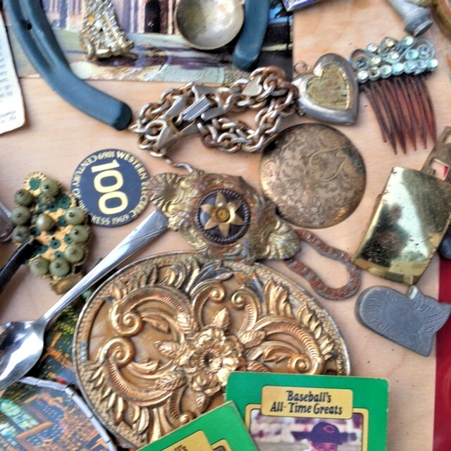 Estate Finds-Mixed smalls: Jewelry, Coins, Stamps, Watch, 10+vintage – lot A87T9