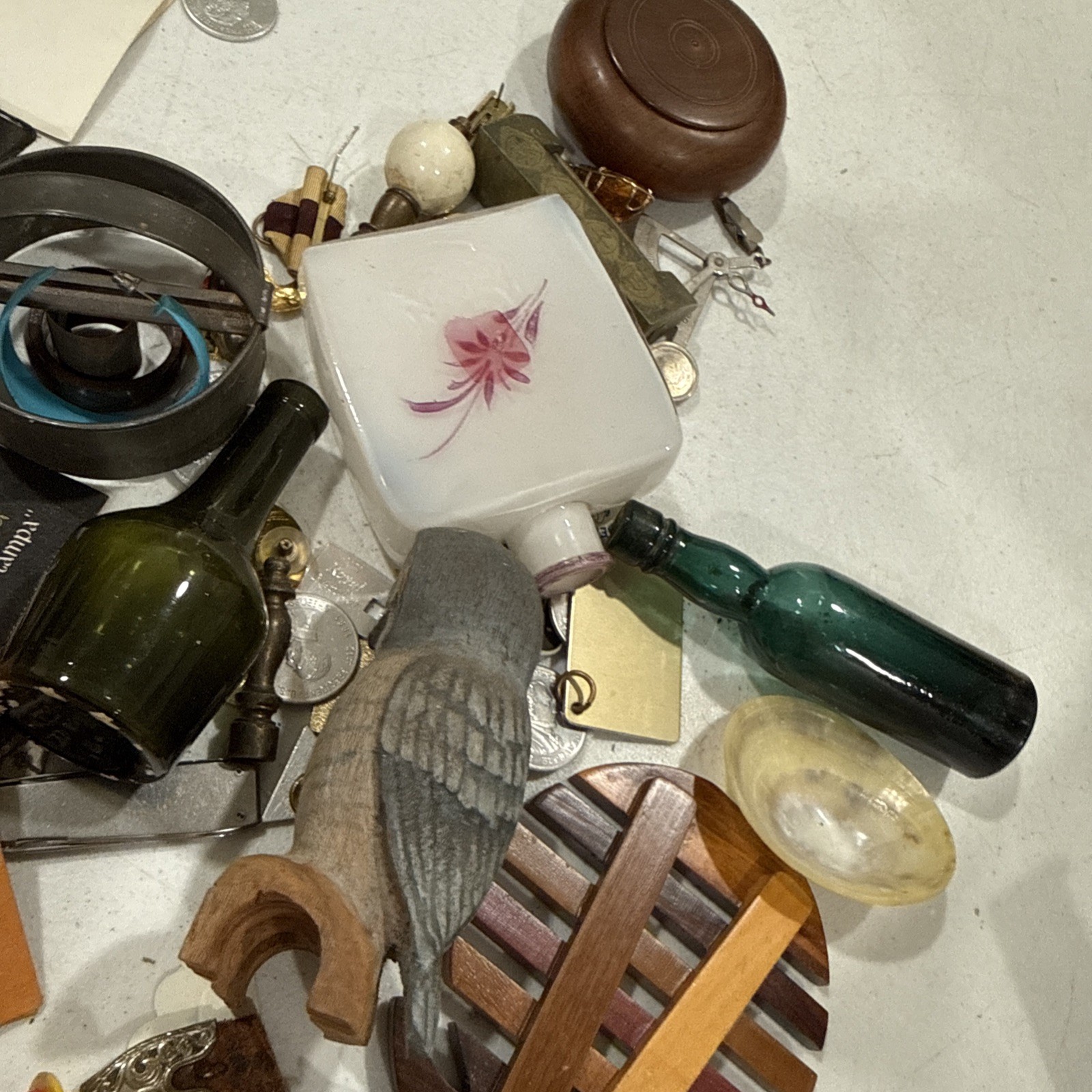 Huge Junk Drawer Lot Assorted Vtg Items Wood Metal Ephemera Figures Bottles MORE