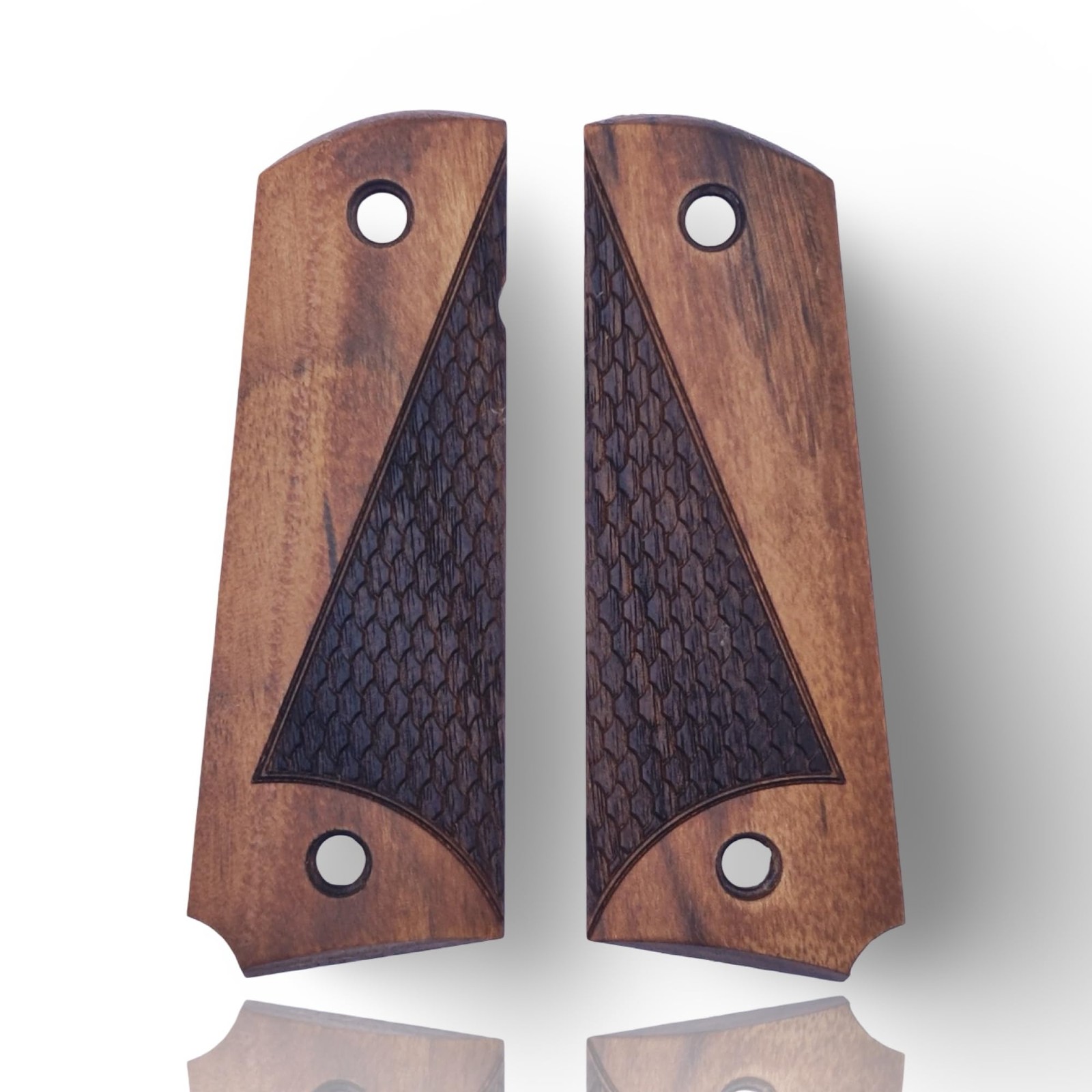 Zib Art Series Walnut 1911 Pistol Grips, Handcrafted with Engraved Dark Pyramid