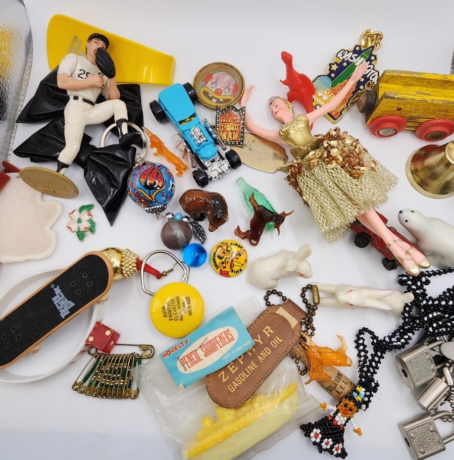 Vintage Antique Junk Drawer Lot Toys Keychain Pin Figurines Mixed Materials