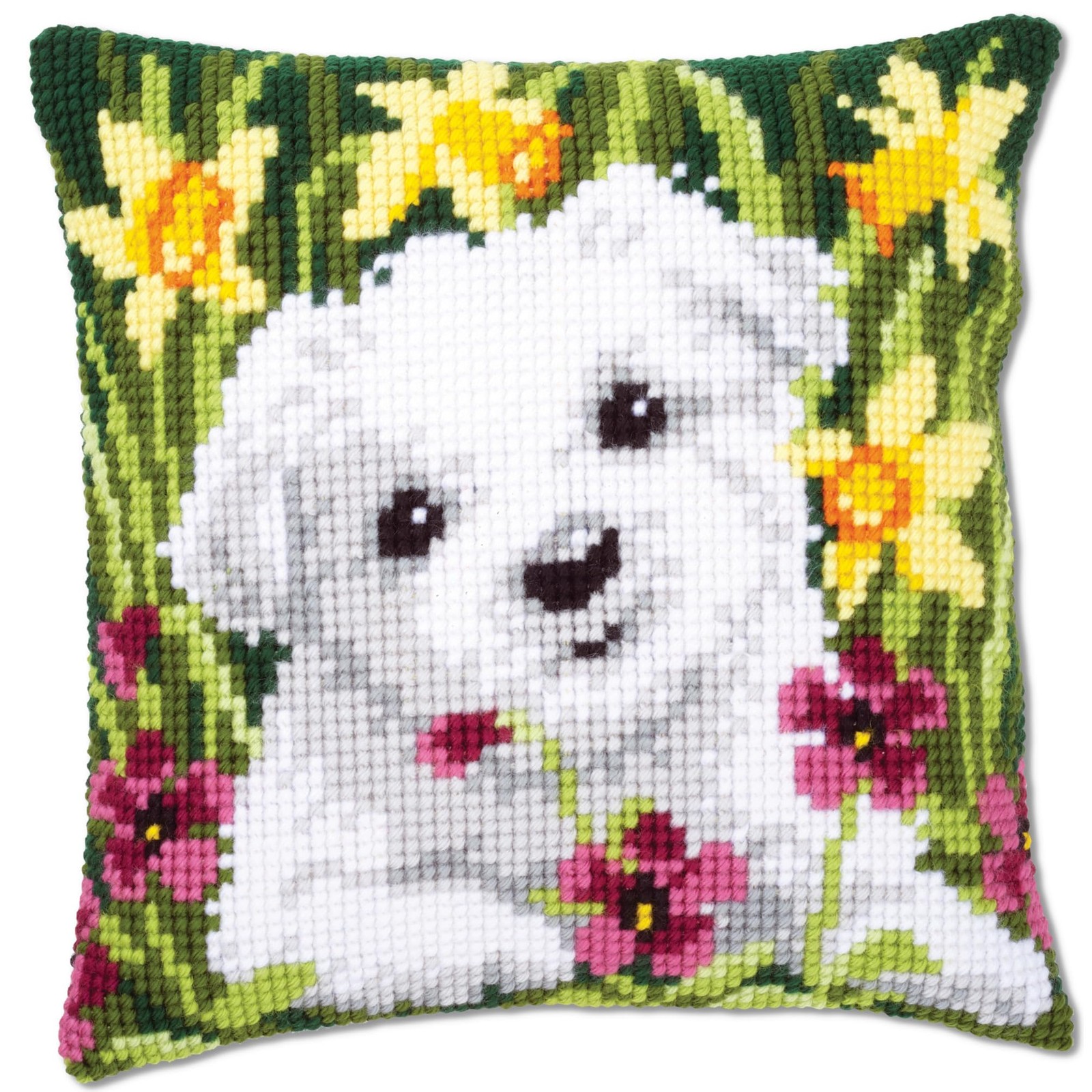 Vervaco Cross Stitch Cushion Kit Westie in Daffodils 16″ x 16″