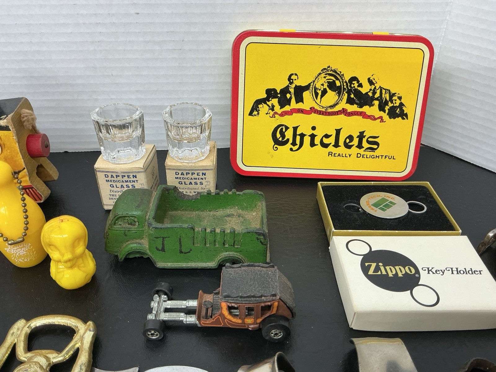Vtg Junk Drawer Lot Skeleton Clock Key Bell Zippo Toys Tape Measure Opener Pins