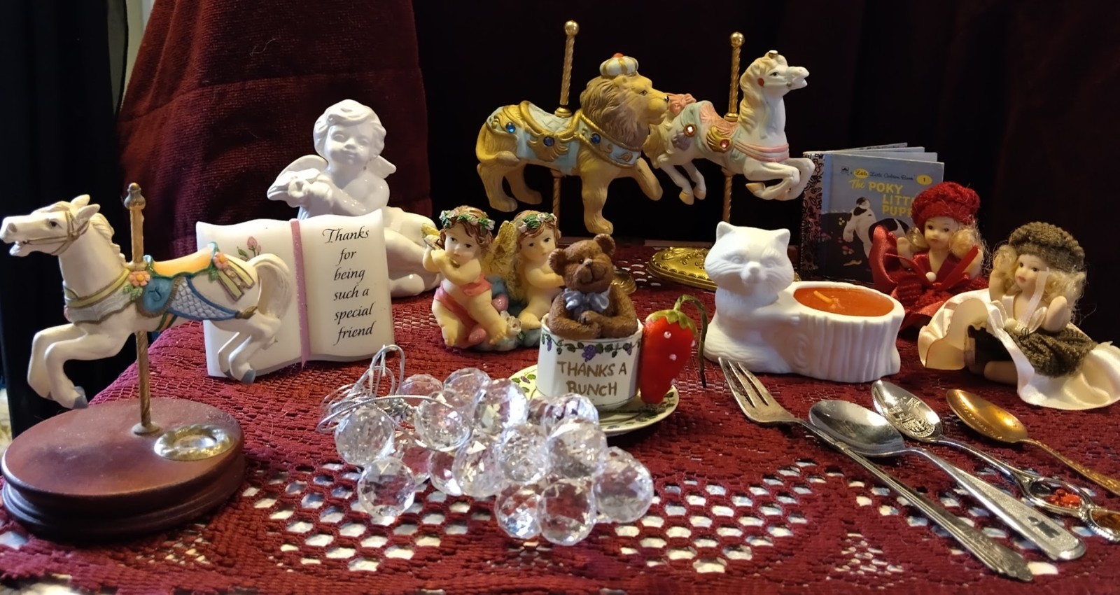 Vtg Treasure Junk Drawer Carousel horses and lion Miniatures silverware figurine