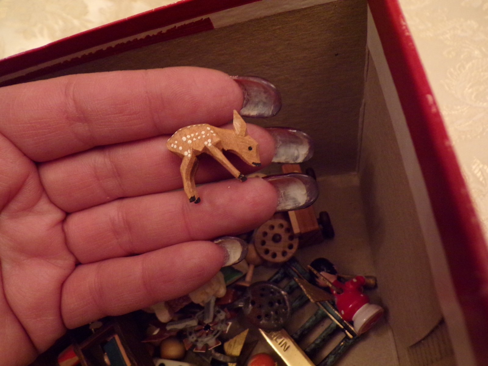 VTG Large Box of Miniatures Wooden Ornaments, Glass Figurine and Metal
