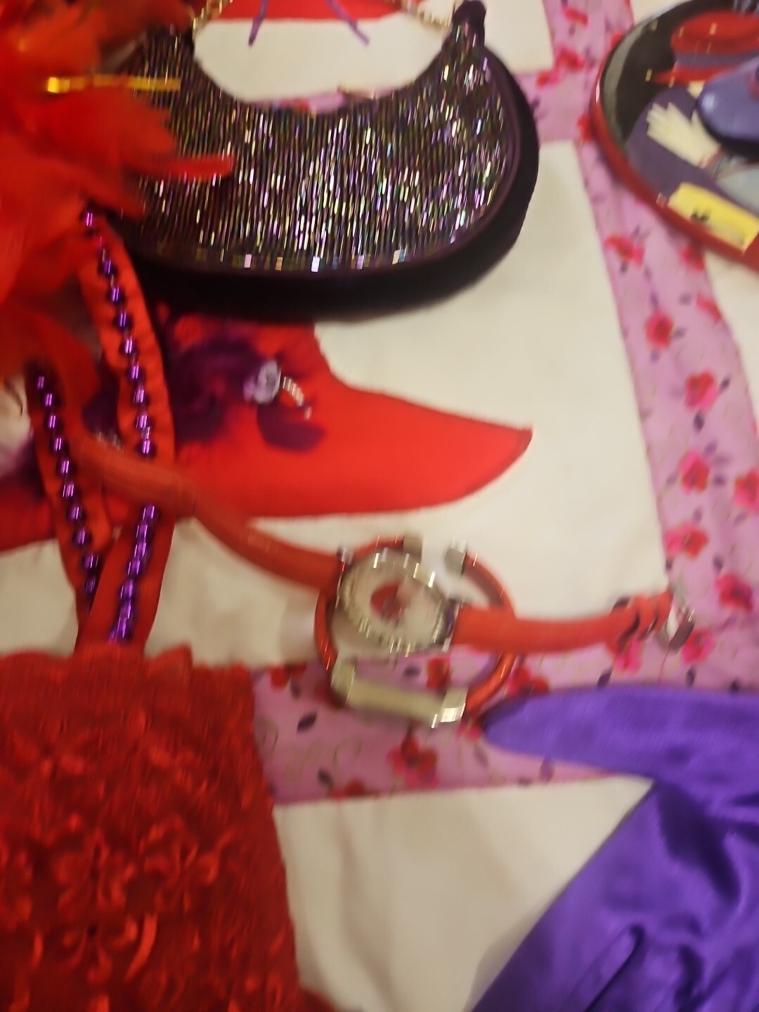 Huge Lot Red Hat Society Jewellry Pins Ornaments Feather Boas Handbags Doll