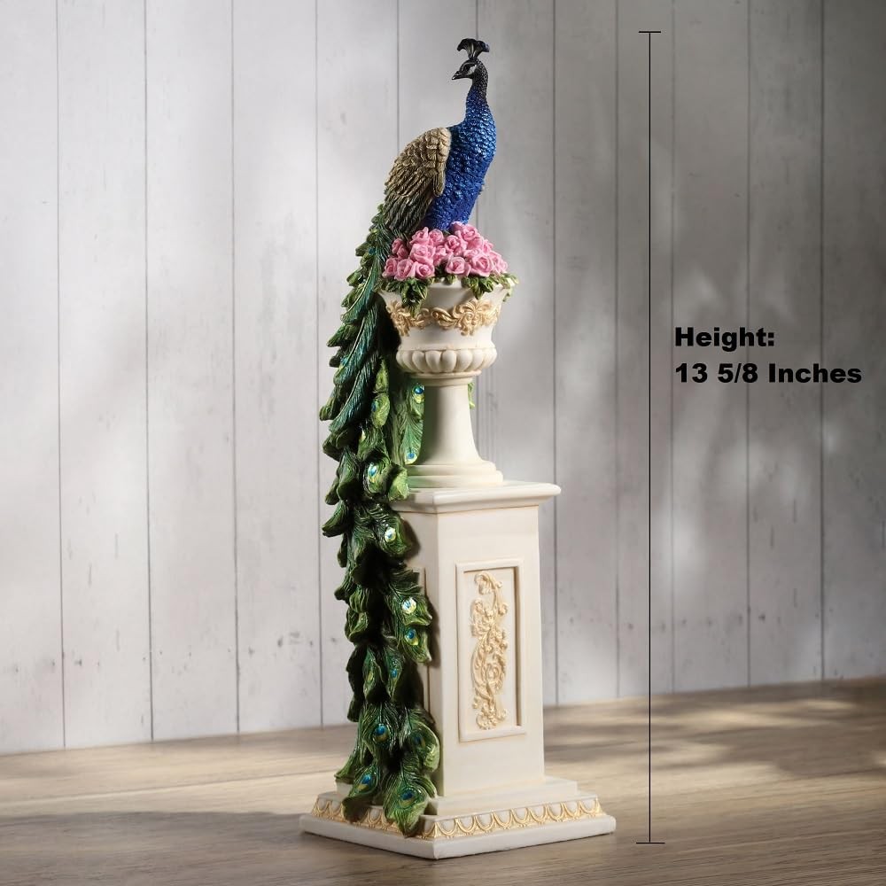Veronese 13.625″ Peacock on Roman Column Resin Sculpture, Home Decor Collectible
