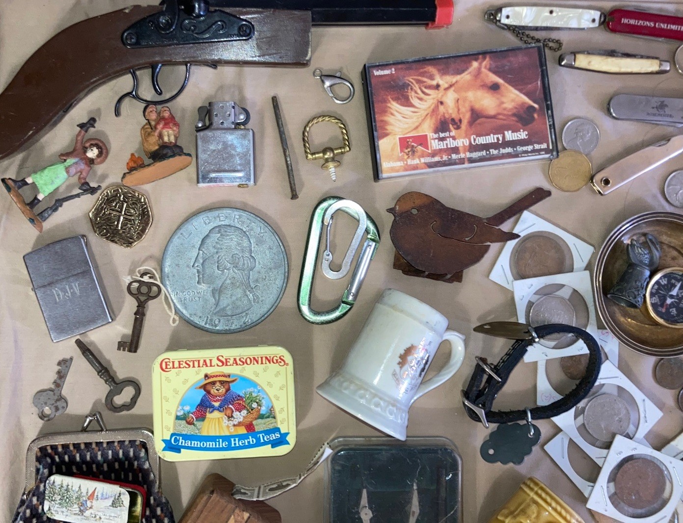 Mixed Vintage Collectibles Lot Coins Jewelry Lighters Knives Bottles Tins Brass