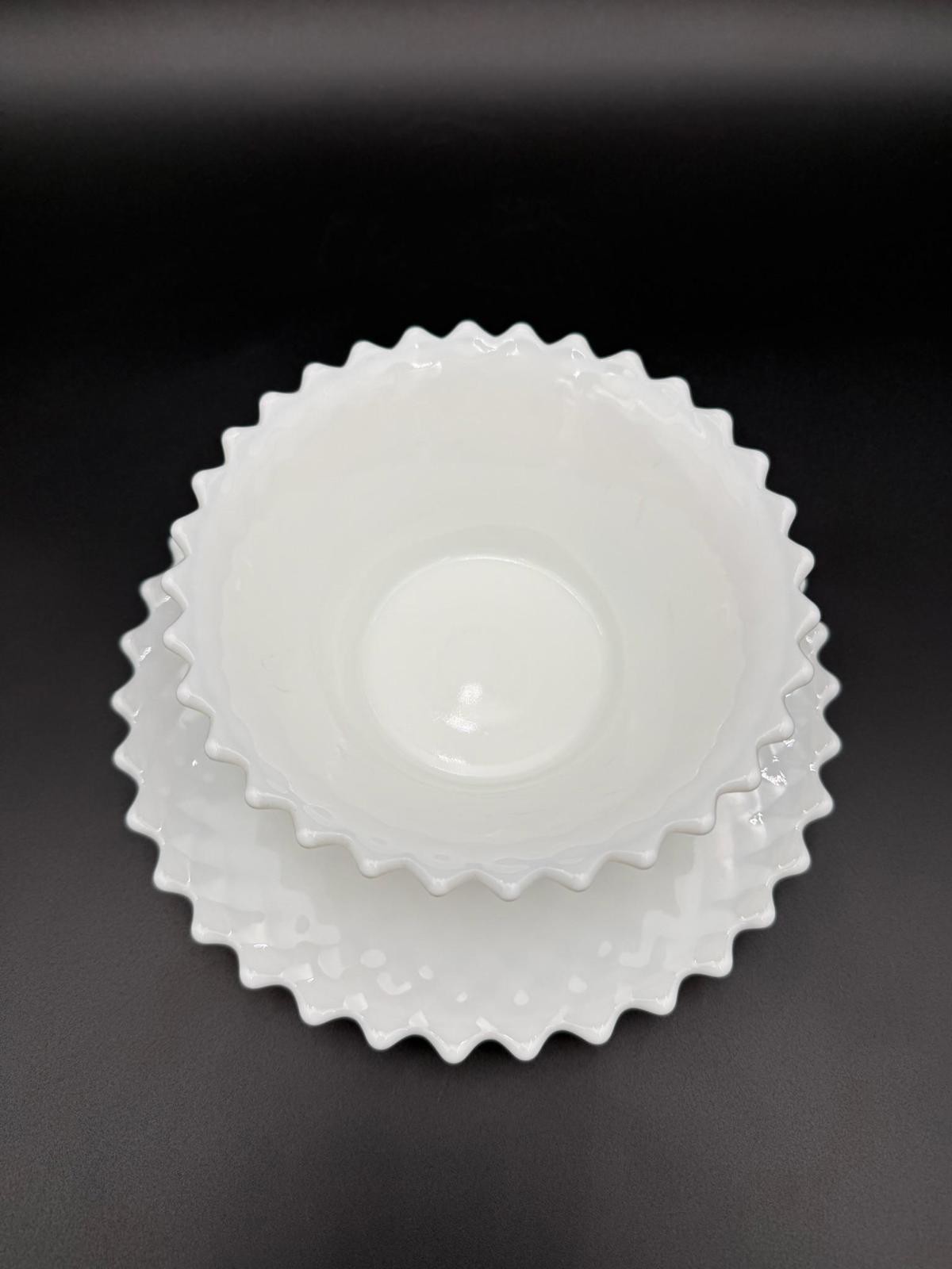 Vintage Westmoreland English Hobnail Milk Glass Bowl and Plate Set Scalloped Rim