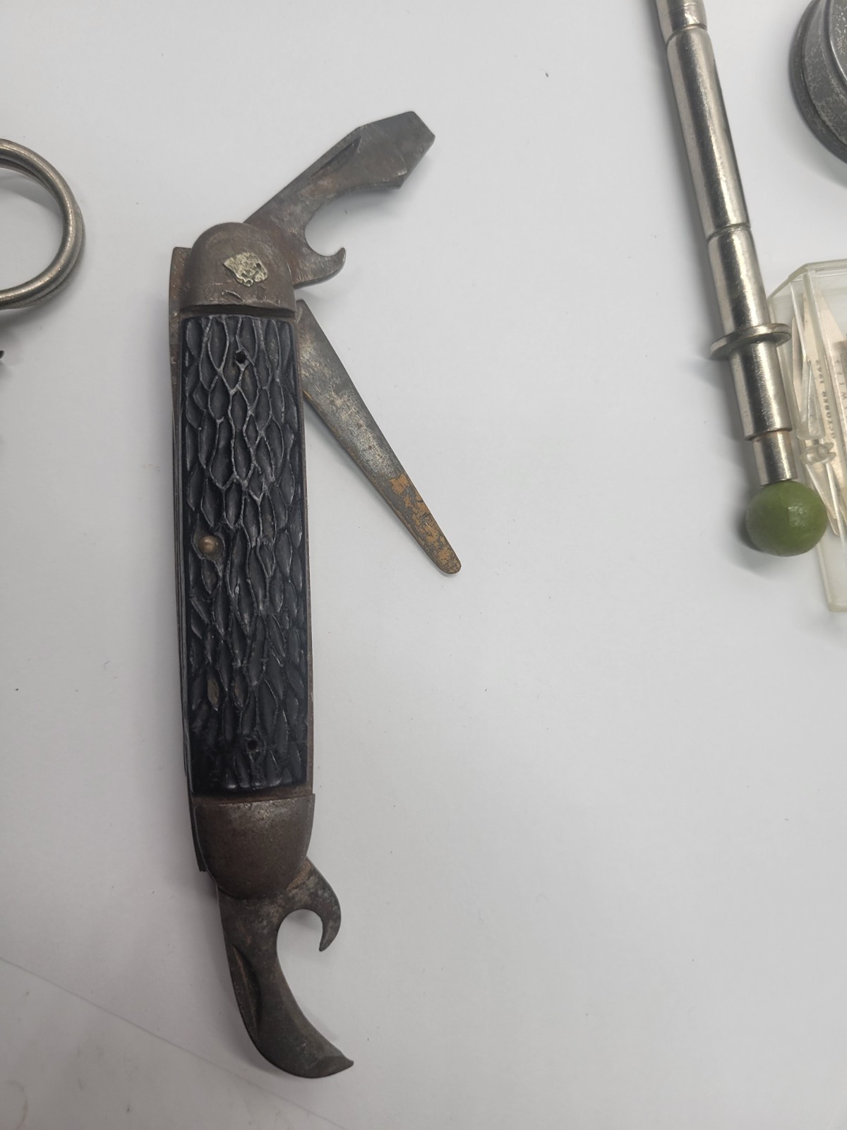 Vintage Junk Drawer Lot Pocket Knife Corkscrew Tape Measure Calendar Figurine