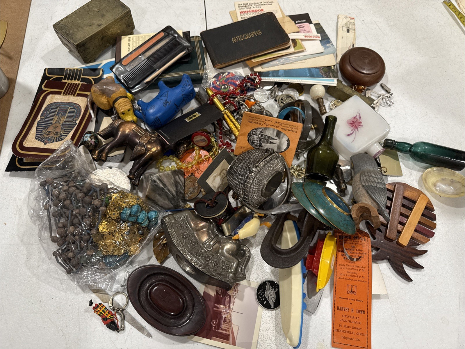 Huge Junk Drawer Lot Assorted Vtg Items Wood Metal Ephemera Figures Bottles MORE