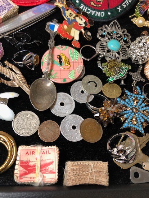 Junk Drawer Lot estate coins pins silverplated stopper keys pendant brooch rings