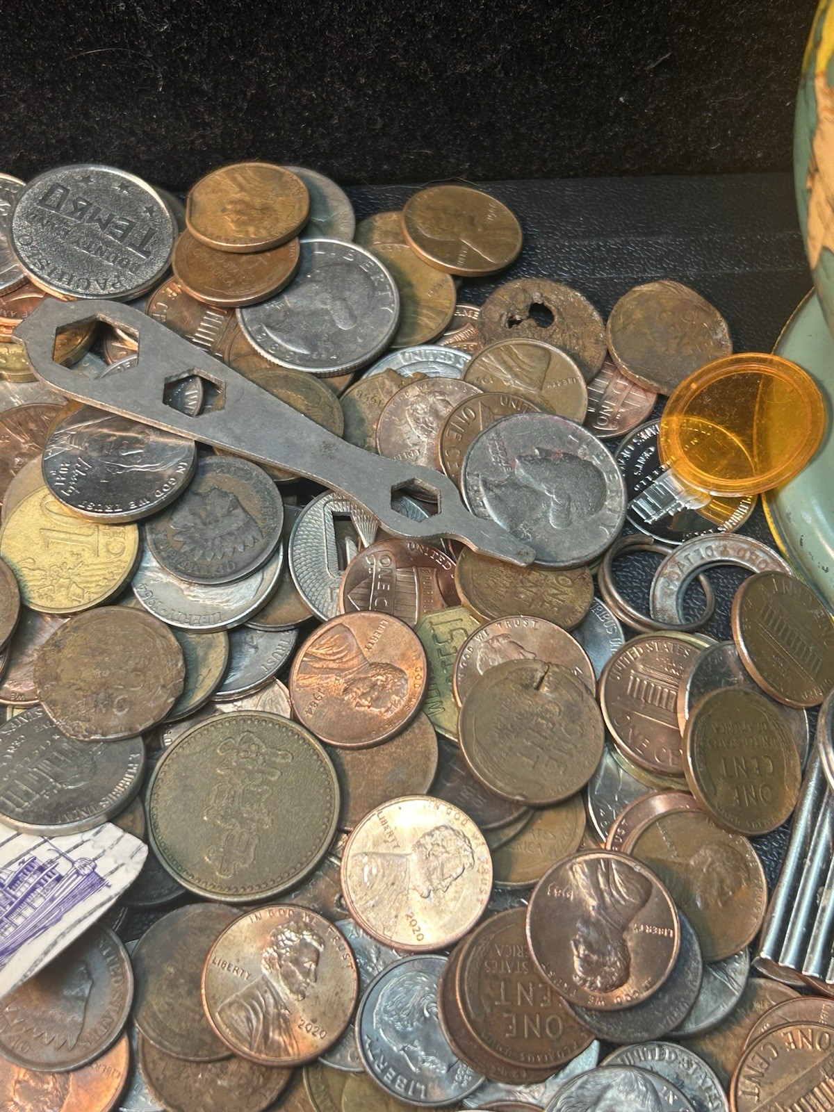 Tin Bank Full Of Coins, Sterling, Stamps, Collectibles Mercury Dimes, Indian 1C