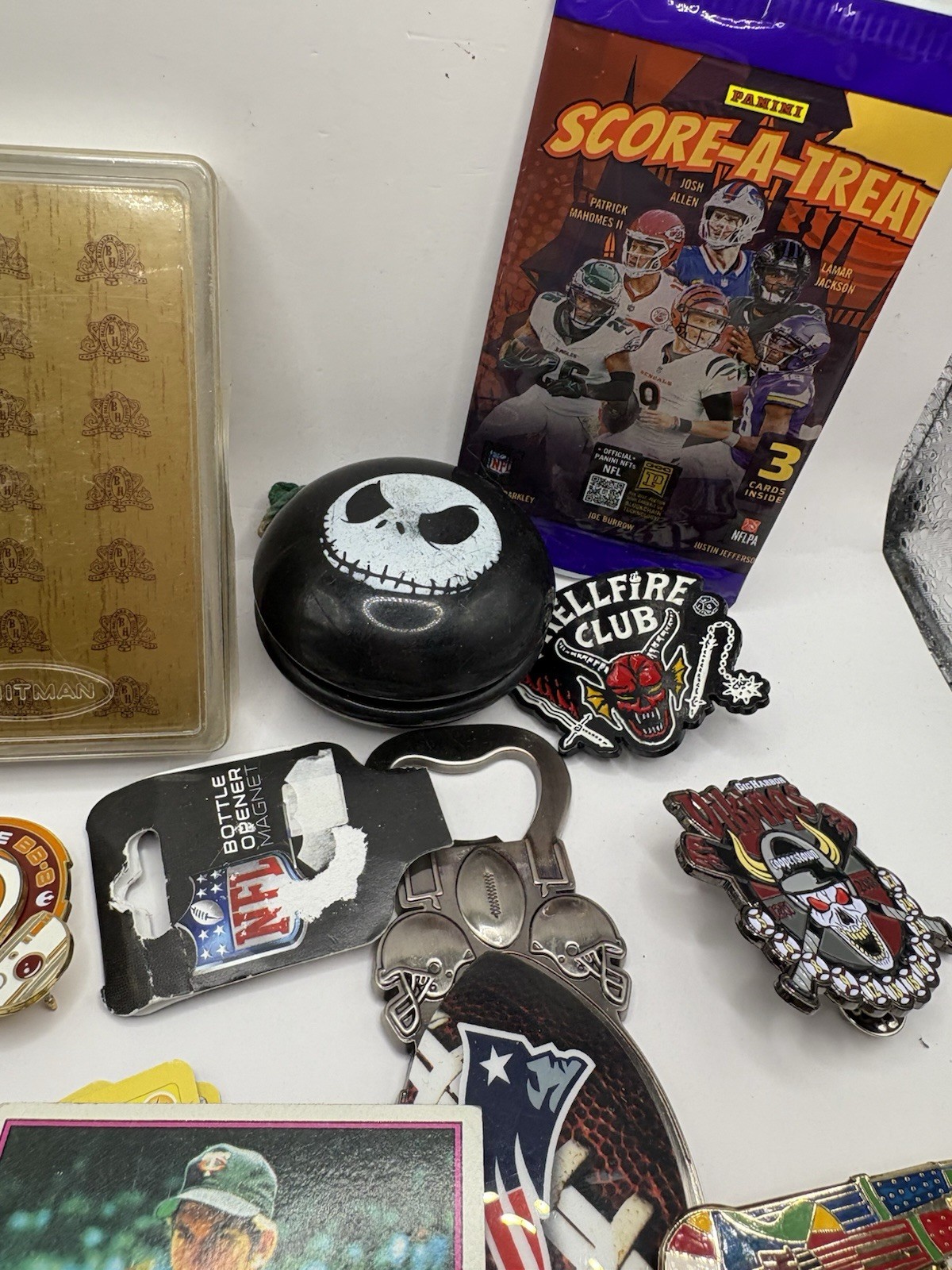 Vintage Junk Drawer Lot Pins Patches Cards Stamps NFL Pokémon Ephemera