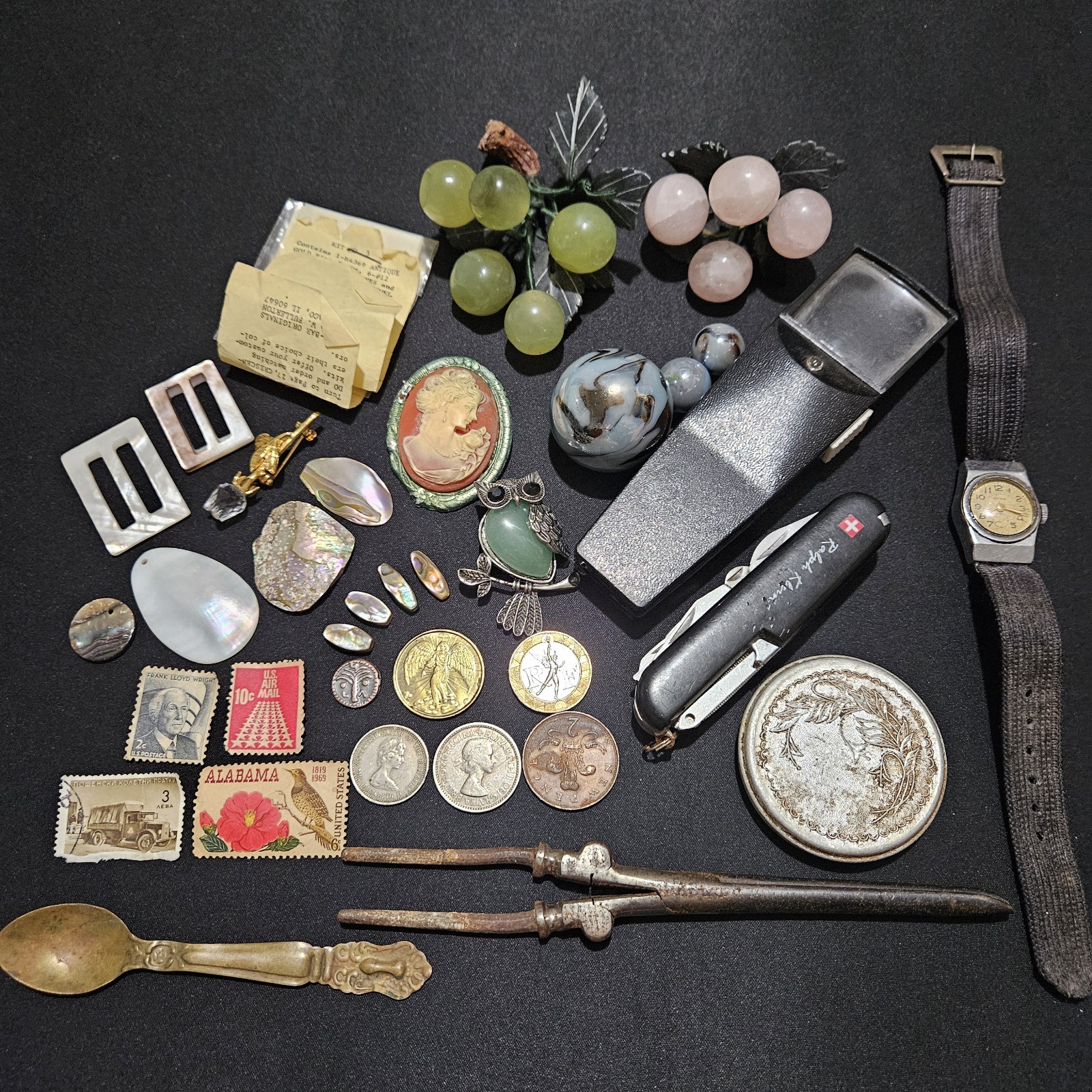 Vintage Junk Drawer Lot, Stamps, Coins, Swiss Knife, Swarovski, Marbles & More
