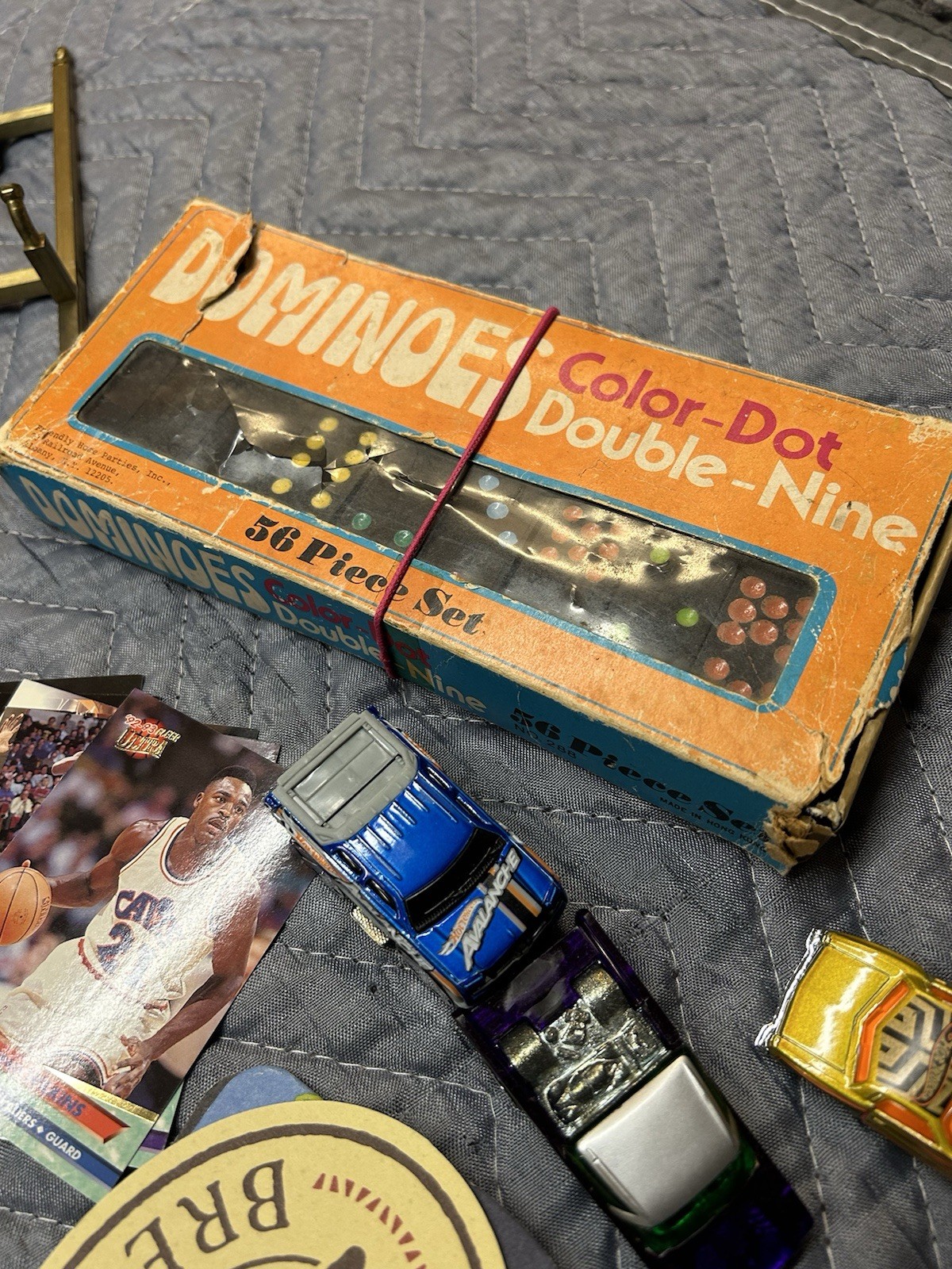 Junk Drawer Lot, Vintage Dominoes, Beer Bucket, Basketball cards, Brewery hat