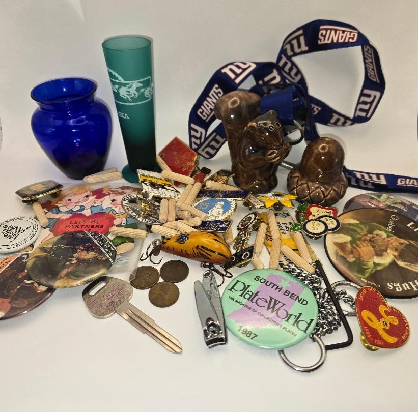 vintage estate junk drawer lot coins salt & pepper shaker cobalt blue lapel pins