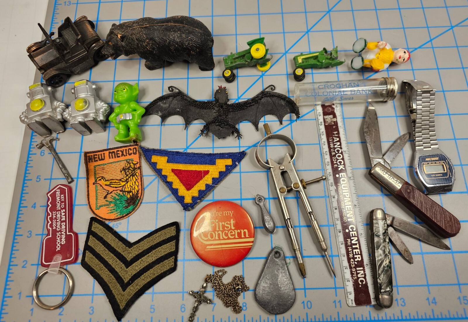 Vintage Junk Drawer Lot Knives Toys Patches Pins Keychain Ruler Figurine More