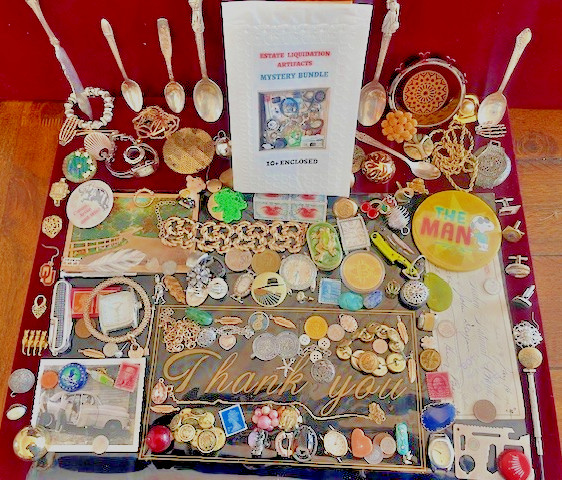Estate Finds-Mixed smalls: Jewelry, Coins, Stamps, Watch, 10+vintage – lot CB4B5