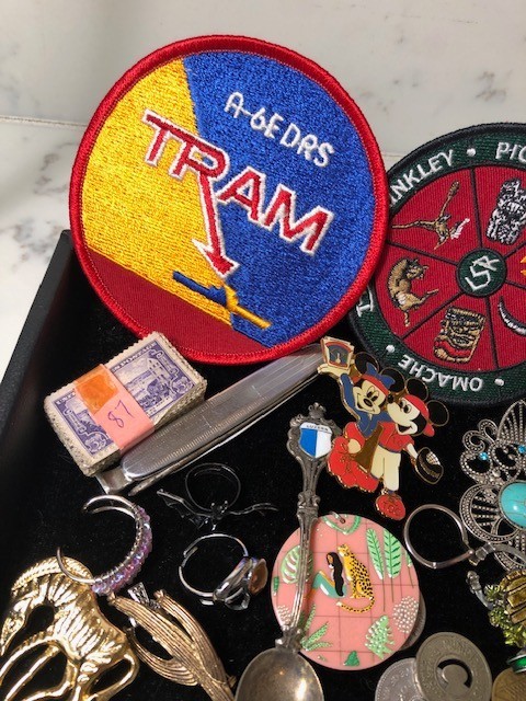 Junk Drawer Lot estate coins pins silverplated stopper keys pendant brooch rings