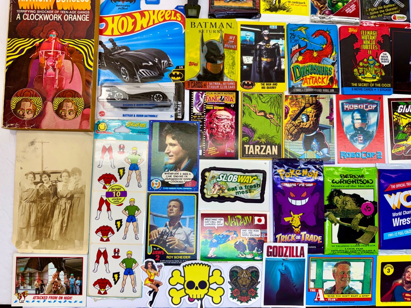 Junk Drawer Lot Non-Sports Cards Packs Marvel Clockwork Orange Go Bots US Coins